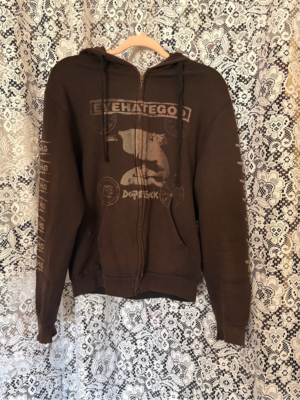 Brown Graphic Zip-Up Hoodie with Front Print